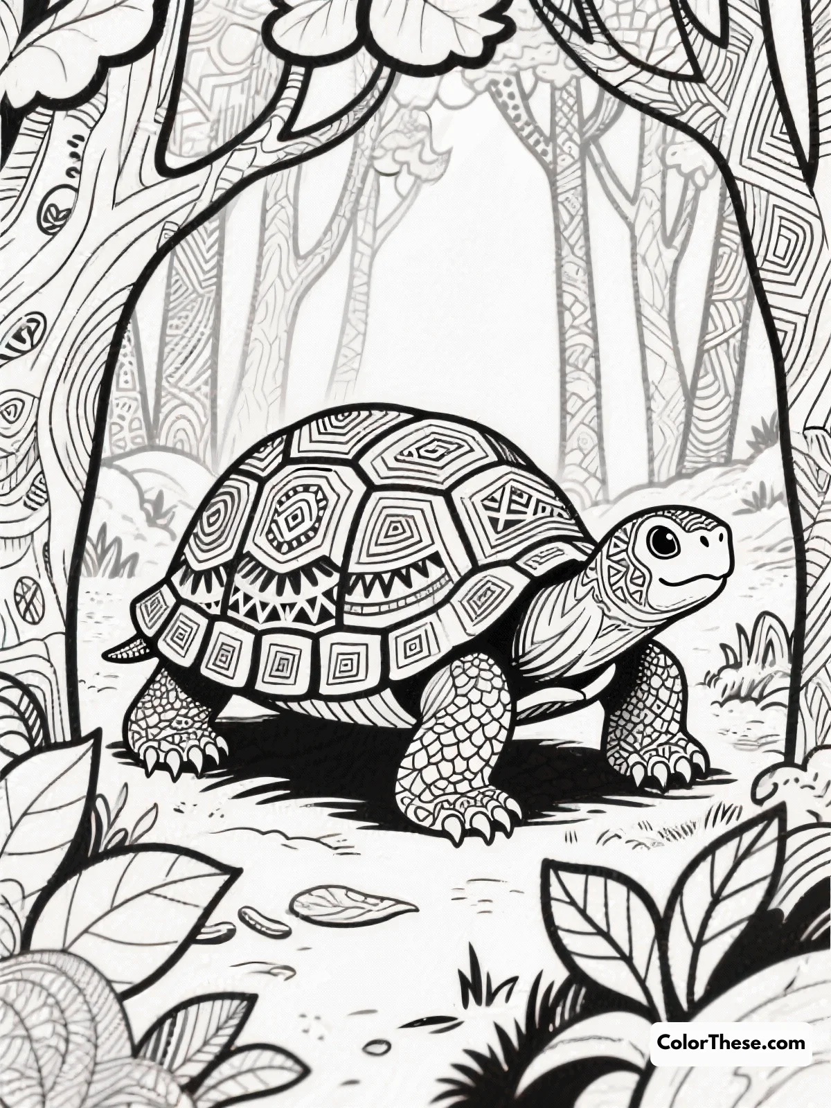 Free printable detailed land turtle in a forest scene coloring page for kids and adults. Download and print a free Detailed Land Turtle in a Forest Scene coloring page. Enjoy intricate forest details—perfect for all ages to relax and get creative!