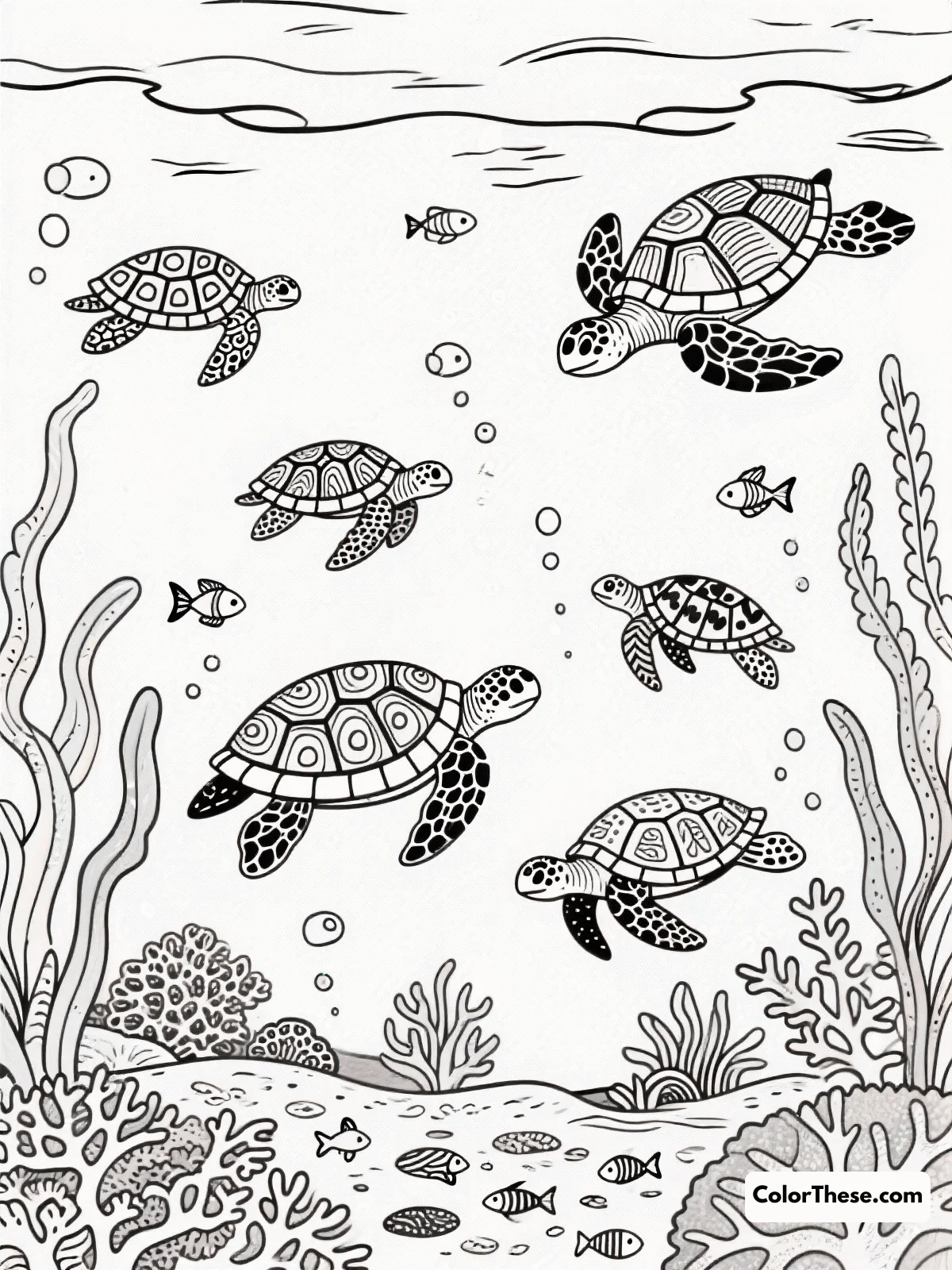 Free printable ocean scene with multiple turtles coloring page for kids and adults. Download and print this free Ocean Scene with Multiple Turtles coloring page! Dive into a detailed underwater world perfect for kids and adults to color.