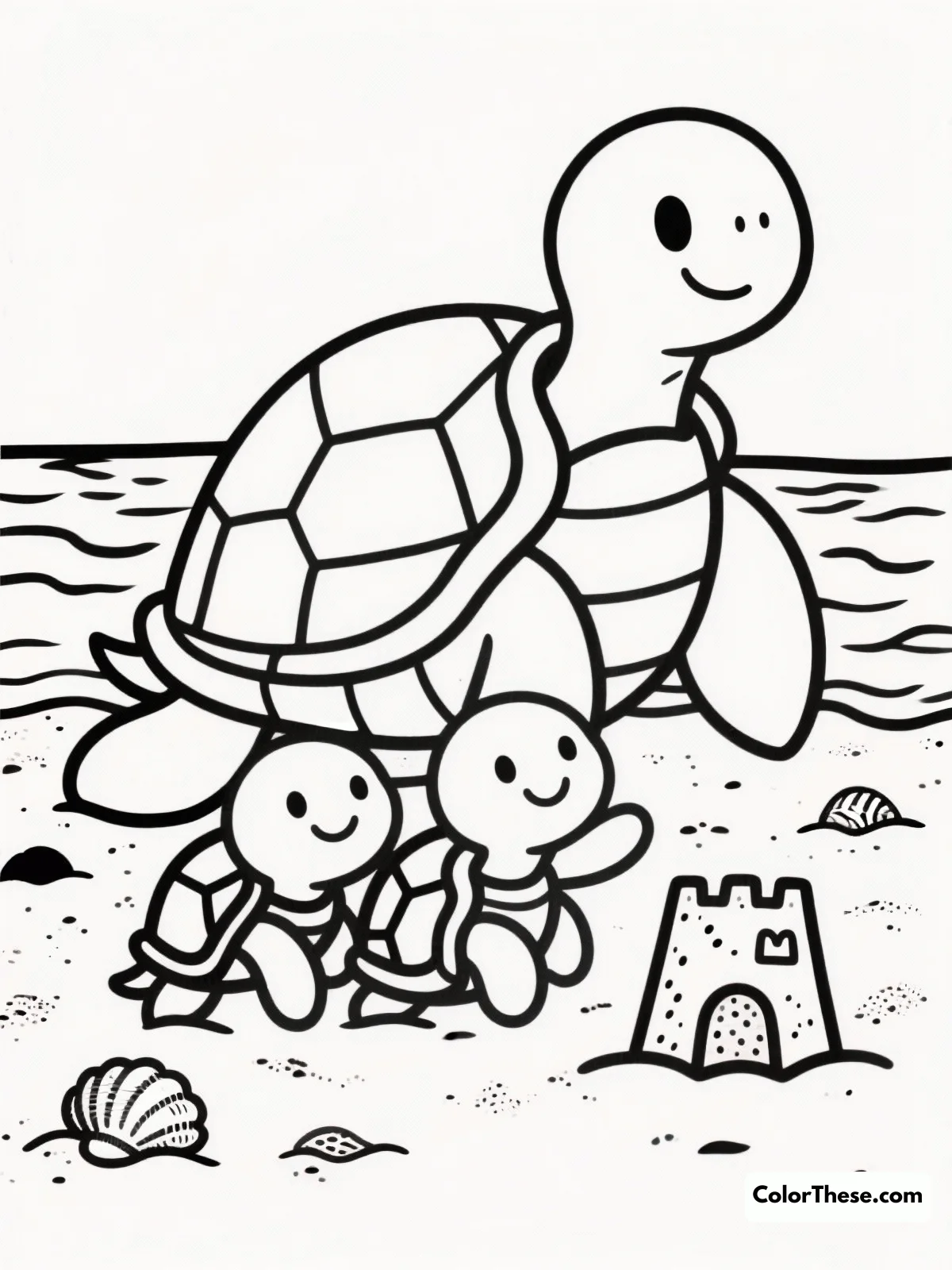 Free printable turtle family on the beach coloring page for kids and adults. Download the Turtle Family on the Beach coloring page—perfect for all ages! Enjoy creative fun with a free printable PDF featuring a charming beach turtle scene.