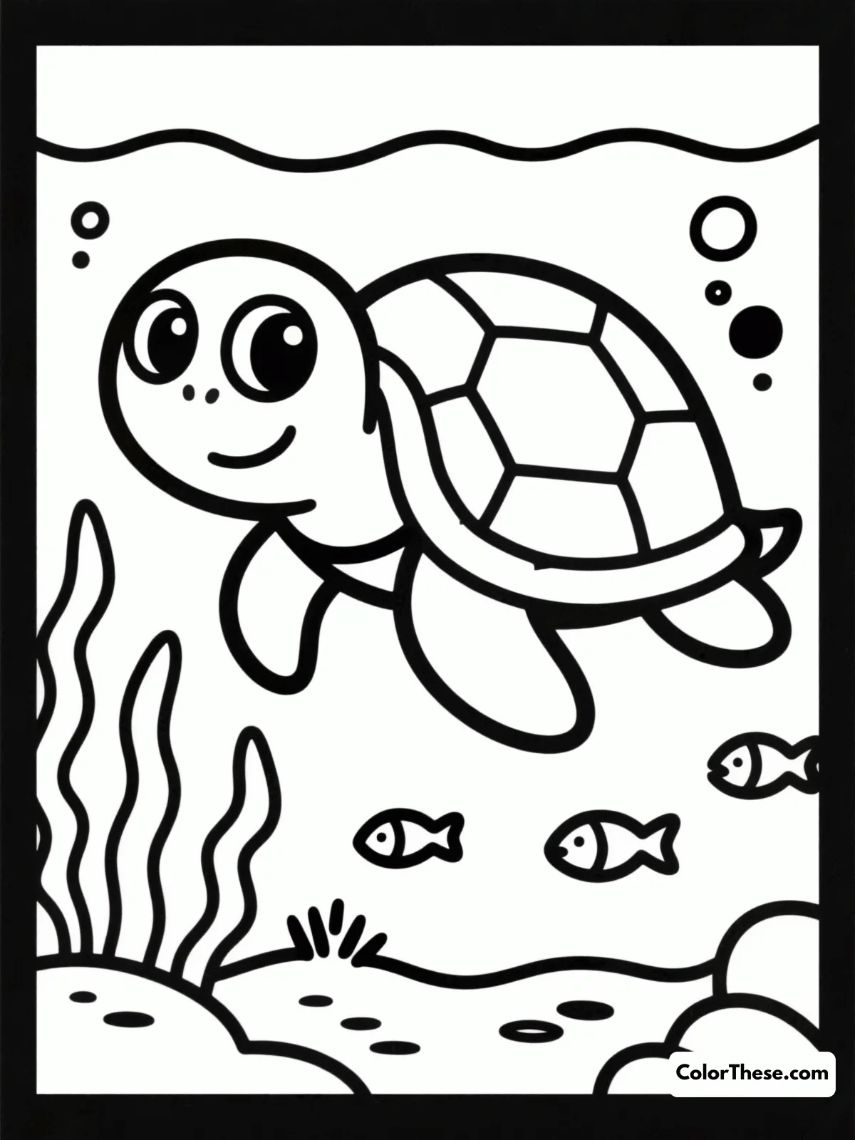 Free printable turtle swimming underwater coloring page for kids and adults. Download our free Turtle Swimming Underwater coloring page! Enjoy a relaxing printable PDF with beautiful ocean details—perfect for kids and adults to color.