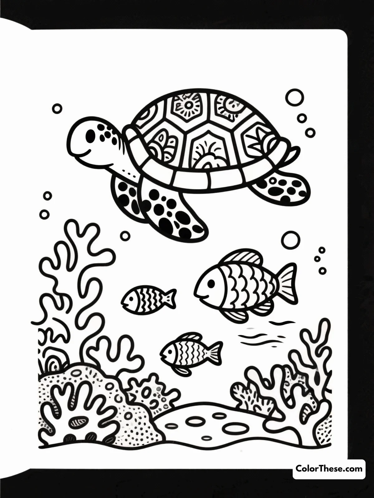 Free printable turtle and fish in a coral reef coloring page for kids and adults. Bring the ocean to life with our Turtle and Fish in a Coral Reef coloring page—free printable PDF fun for kids! Download, print, and color your undersea adventure.