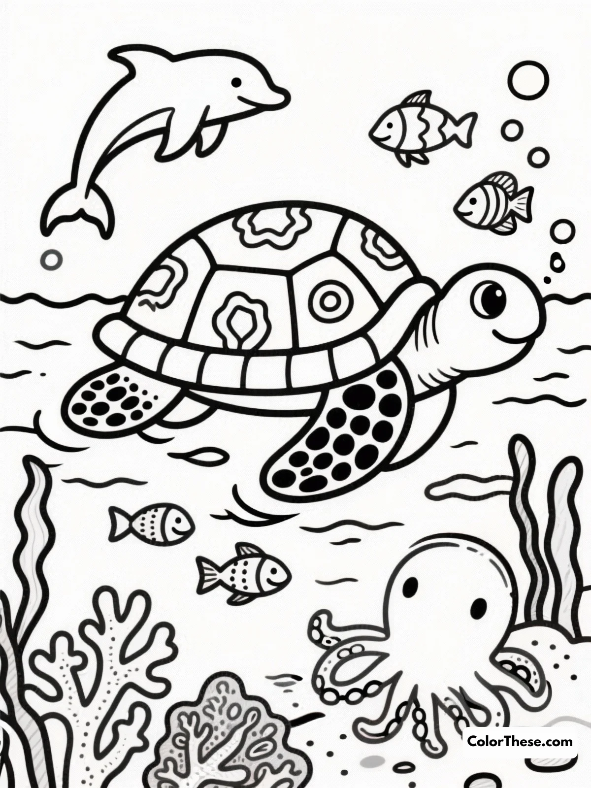 Free printable turtle and friends in the ocean coloring page for kids and adults. Dive into creativity with our Turtle and Friends in the Ocean coloring page! Download this free printable for kids, featuring cute ocean animals ready for color.